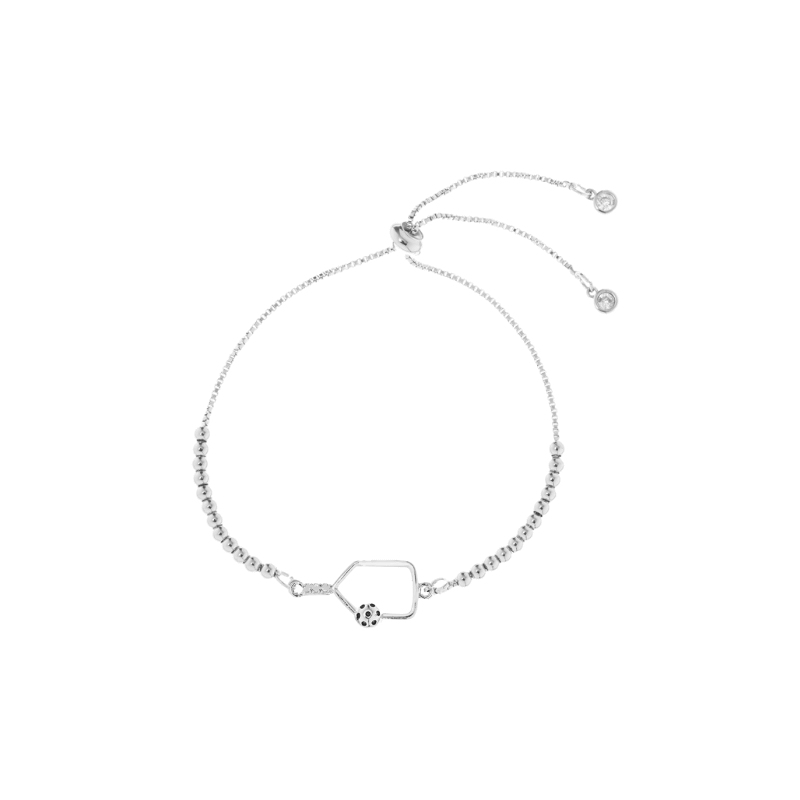 Beaded Pickleball Rhinestone Paddle Bracelet - Silver