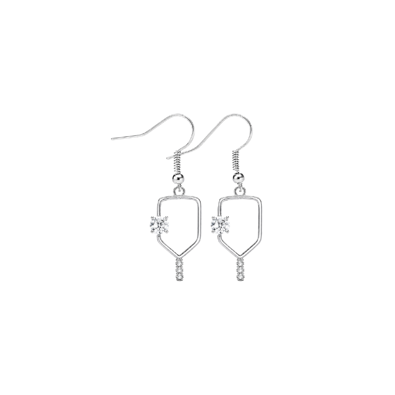 Pickleball Silver Rhinestone Dangle Earrings
