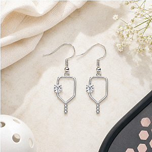 Pickleball Silver Rhinestone Dangle Earrings
