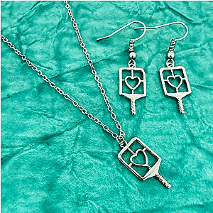 Pickleball Jewelry Set - Necklace & Earrings - Silver