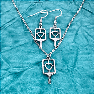 Pickleball Jewelry Set - Necklace & Earrings - Silver