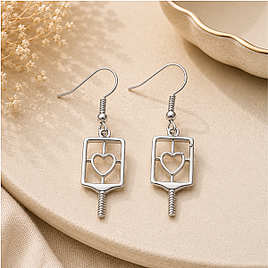 Pickleball Heart Dangle Earrings - Silver