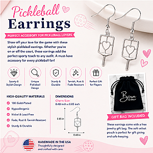 Pickleball Heart Dangle Earrings - Silver