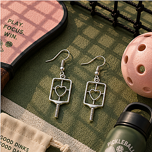 Pickleball Heart Dangle Earrings - Silver