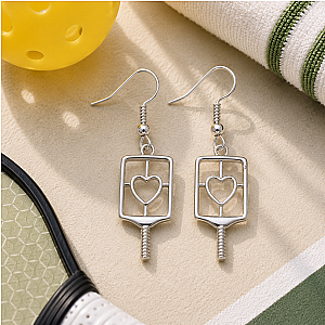 Pickleball Heart Dangle Earrings - Silver