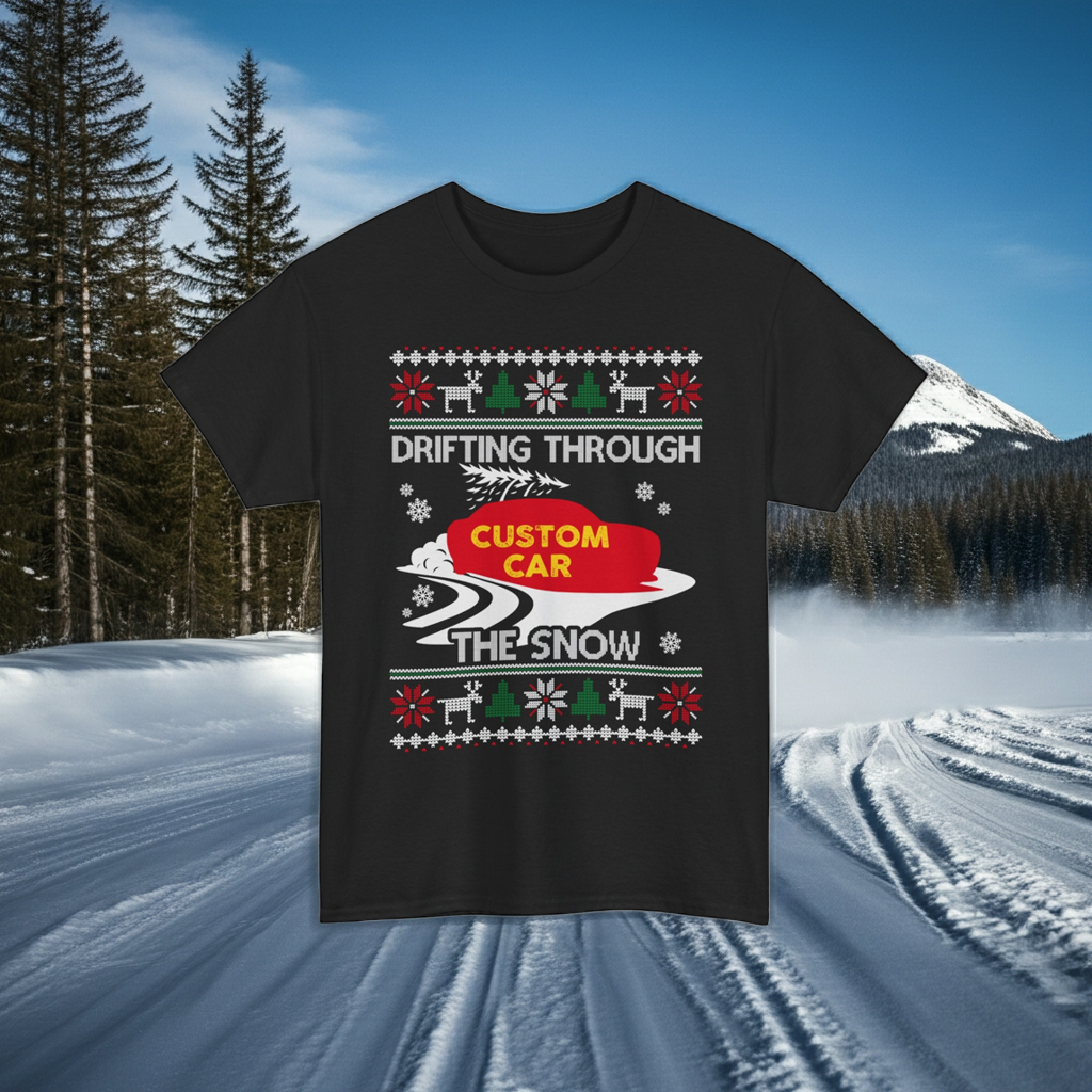 Custom Ugly Christmas Car T-Shirt | Personalized Drifting Through the Snow Car Gift