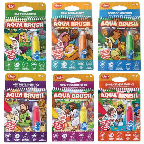 6 Pack of Aqua Brush Christian Activity Books Series: Old Testament #1 & #2, New Testament #1 & #2, Book of Mormon #1 & #2